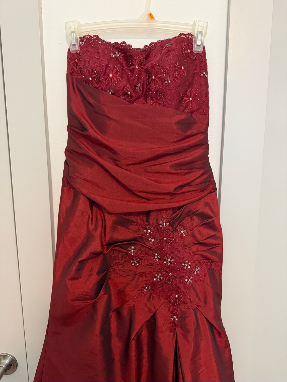 Strapless Burgundy Evening Dress with Embroidered Bodice